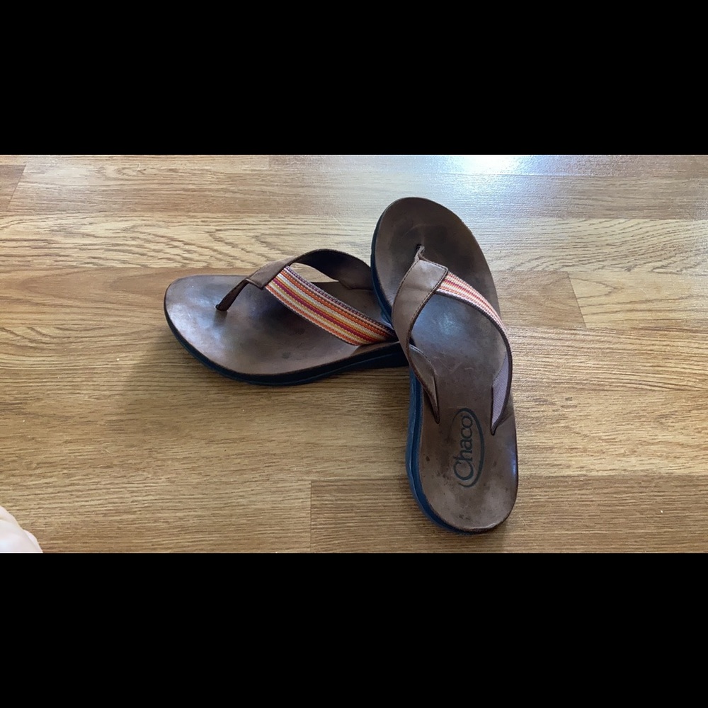 Chaco canvas and leather flip flops